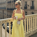 Vestido midi sexy cuello halter espalda descubierta liso sin mangas corte A-7