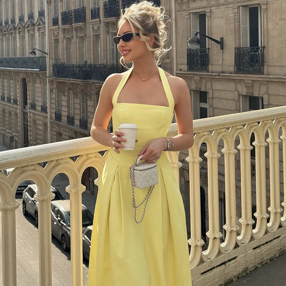 Vestido midi sexy cuello halter espalda descubierta liso sin mangas corte A