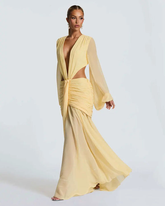 Maxi Dress Elegant For Women Long Sleeves Deep V-Neck Backless.