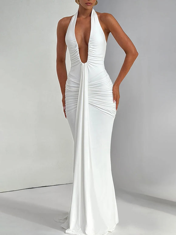 Sexy Maxi Dress Deep V-Neck Ruched Backless Elegant for Women