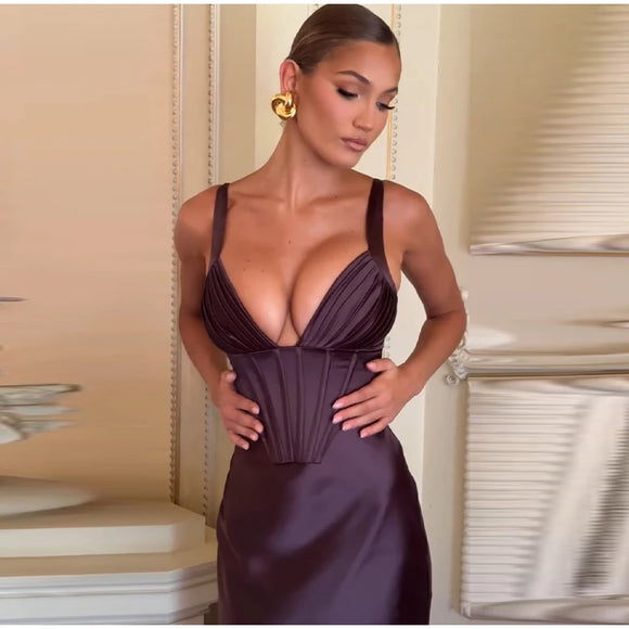 Women's Sexy Long  Dress Satin Elegant Backless Bodycon Fishbone