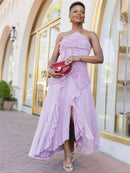 Women’s Maxi Dress Elegant Halter Neck Off Shoulder Backless Split Ruched