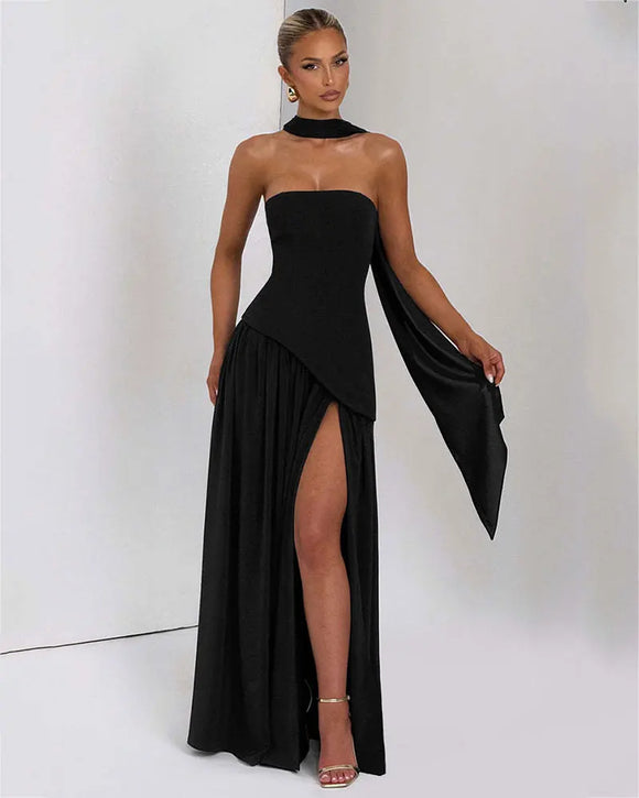 Women's Sexy Maxi Dress Elegant Strapless Backless High Slit Evening Gown