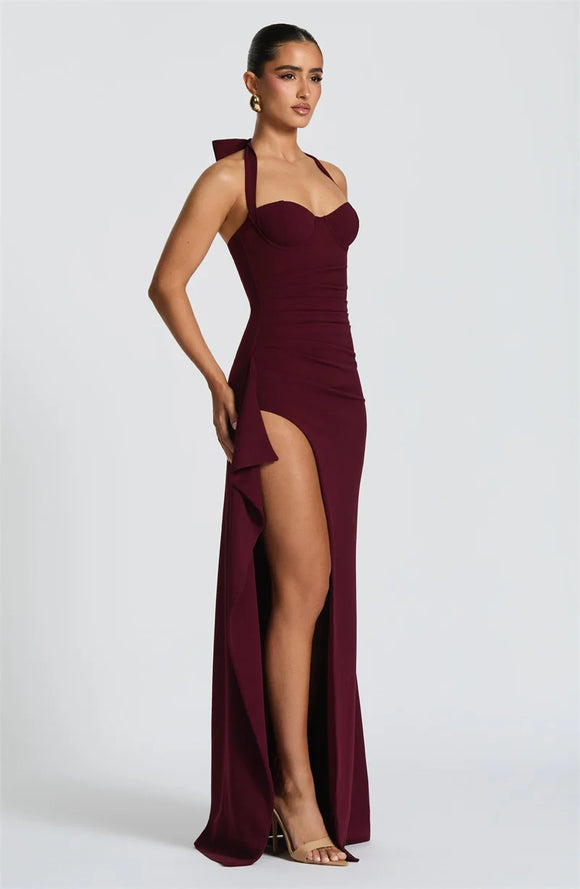 Women's Sexy Maxi Dress Elegant Halter Backless Lace-up High Split