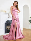 Women's Sexy Long Dress Spaghetti Strap Elegant Satin with Leg Slit