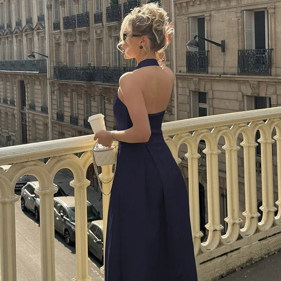 Women's Sexy Midi Dress Halter Backless Solid Sleeveless A-Line