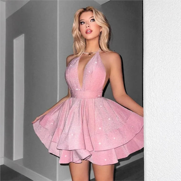 Women's Sexy Dress Deep V Neck Hot Pink Lace Up Backless Ruffles