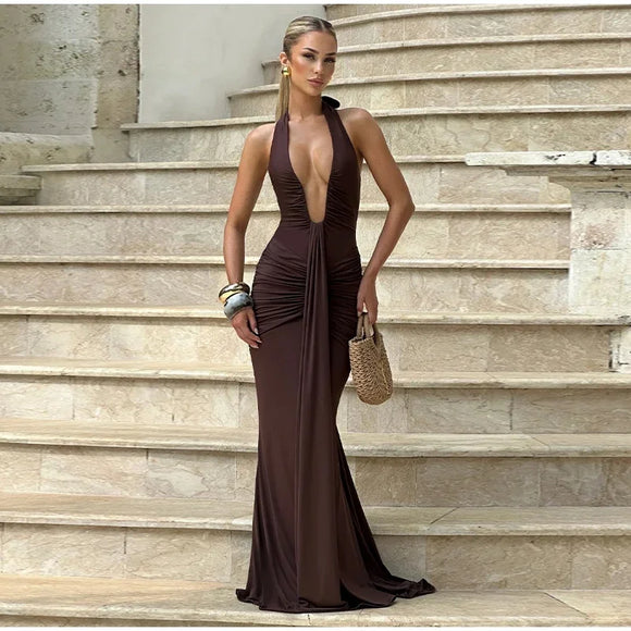 Women's Sexy Maxi Dress Elegant Deep V-Neck Ruched Backless