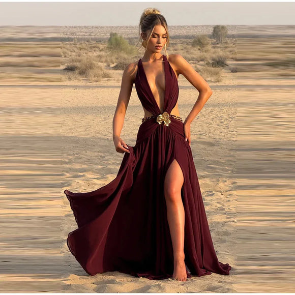 Indianna Women's Sexy Maxi Dress Halter Backless Elegant Slit