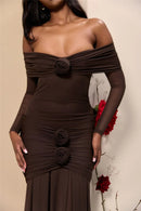 Robe longue sexy épaules dénudées sans bretelles manches longues dos nu-30