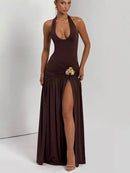Maxi Dress Set Sexy Elegant Backless Halter Neck Bodysuit Slit Long Skirt
