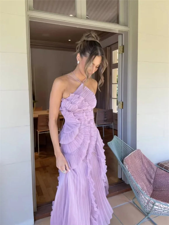 Vestido largo elegante halter hombros descubiertos sin espalda abertura  fruncido