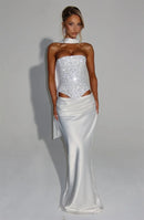 Women's Sexy Dress Sequin Set Crop Top Long Satin Skirt Elegant