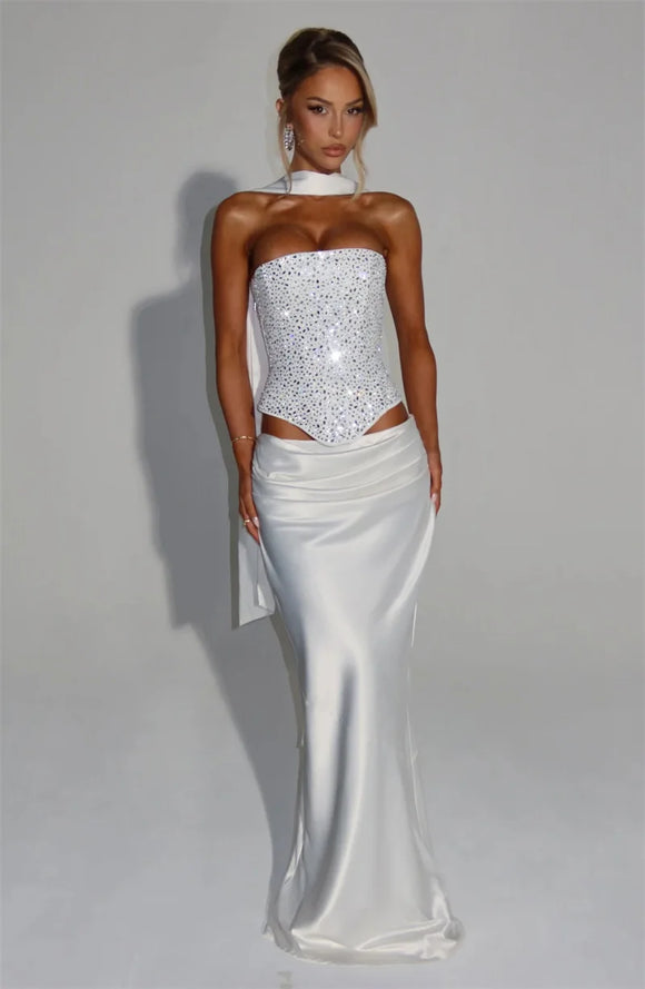 Women's Sexy Dress Sequin Set Crop Top Long Satin Skirt Elegant