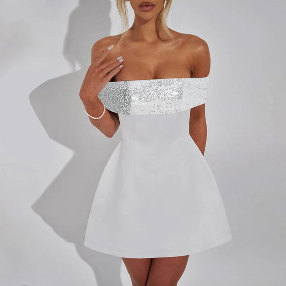 Women's Sexy Mini Dress Sequin Strapless Off Shoulder Elegant Backless