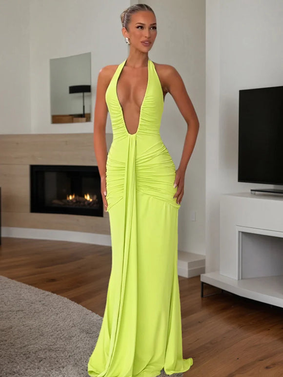 Robe longue sexy pour femme élégante décolleté en V profond froncée dos nu