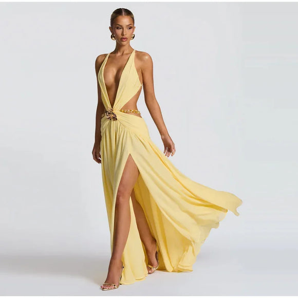 Indianna Women's Sexy Maxi Dress Halter Backless Elegant Slit Side