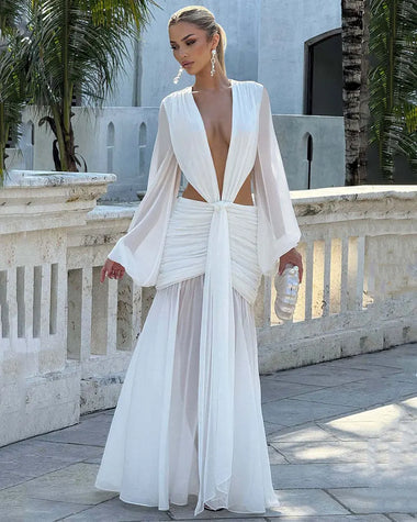 Maxi Dress Elegant For Women Long Sleeves Deep V-Neck Backless.