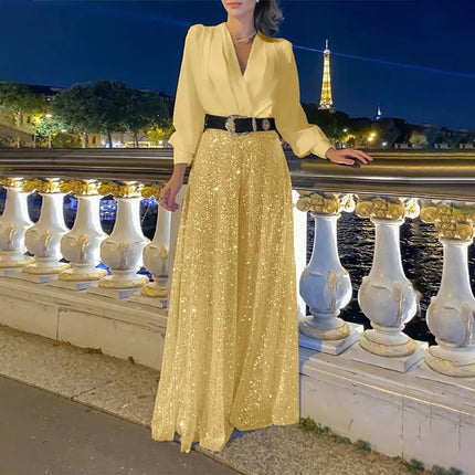 Jumpsuit Sequins Slim High Waist Belted Party Romper