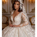 Women's Princess Wedding Dress Vintage Lace Ball Gown Long Sleeves Shinny Tulle