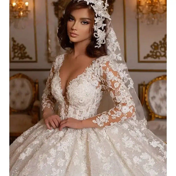 Women's Princess Wedding Dress Vintage Lace Ball Gown Long Sleeves Shinny Tulle