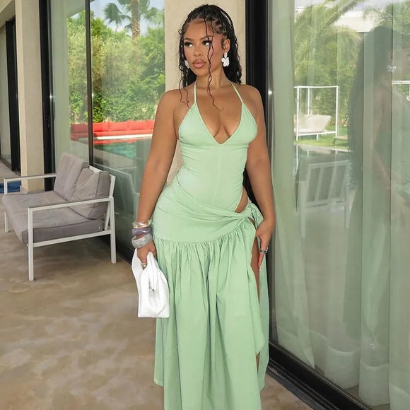 Sexy Set 2 Pieces for Women Elegant Lace Up Backless Bodysuit Slit Skirt