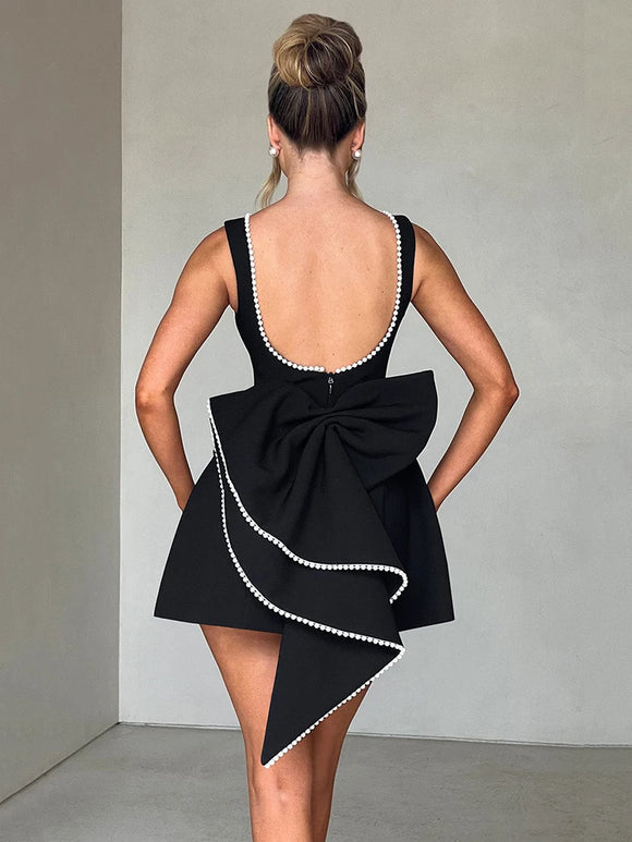 Women's Sexy Mini Dress Big Bows Beads Elegant Backless Sleeveless