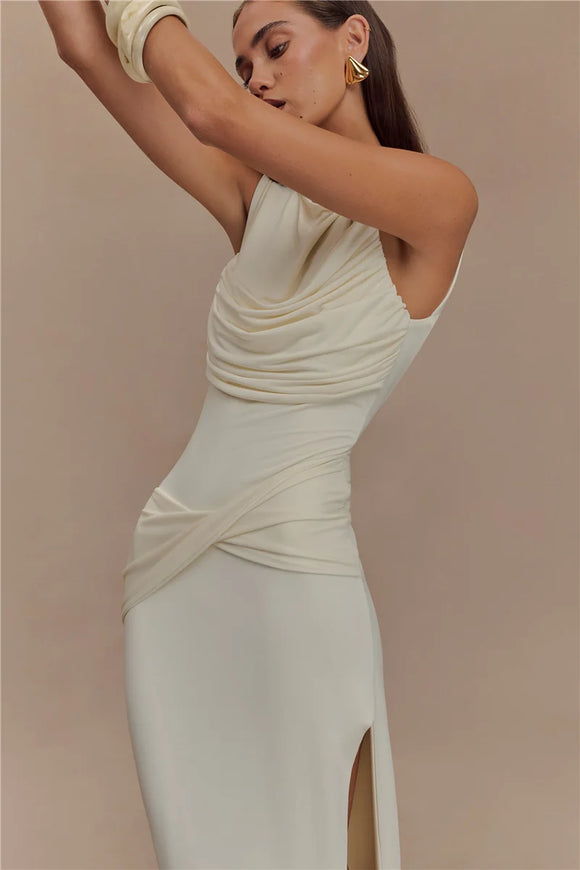 Women's Sexy Long Dress Elegant Ruched Backless Bodycon with High Slit