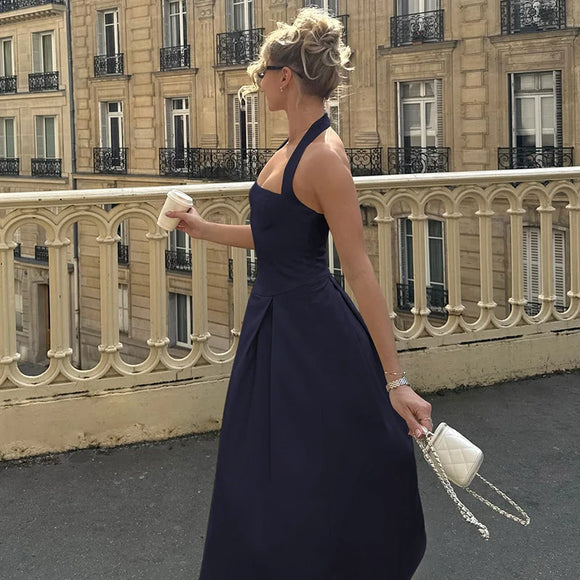 Vestido midi sexy cuello halter espalda descubierta liso sin mangas corte A