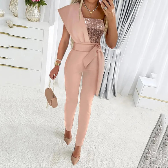 Women’s Jumpsuit Wedding Guest Elegant Sequins One Shoulder Bodycon