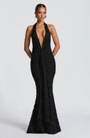Women’s Dress Elegant Maxi Deep V Neck Backless Sleeveless Draped Ruched