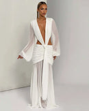 Robe Maxi Élégante Pour Femme Manches Longues Col V Profond Dos Nu.-14