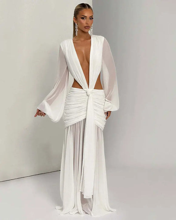 Robe Maxi Élégante Pour Femme Manches Longues Col V Profond Dos Nu.