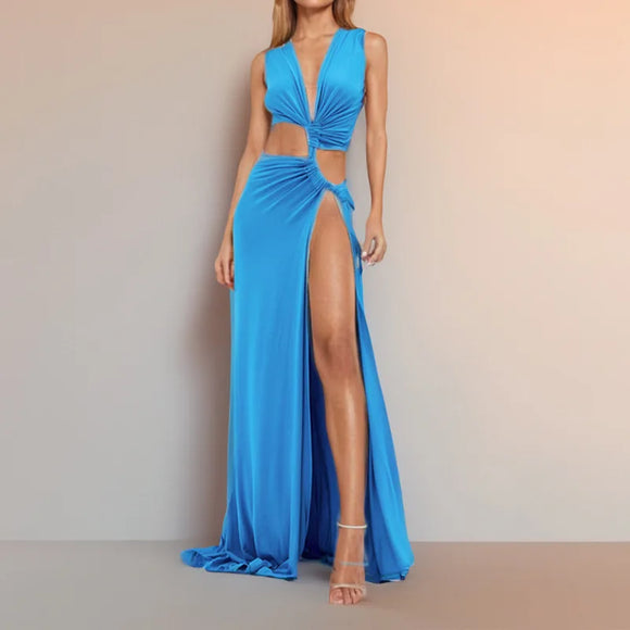 Women's Sexy Dress Deep V Neck Elegant Openwork Slit Sleeveless
