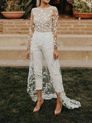 Women's Wedding Jumpsuit Elegant Lace Two Piece High Waist Long Sleeve