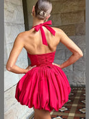 Women's Sexy Mini Dress Pleated Halter Lace Up Backless Puffed Skirt