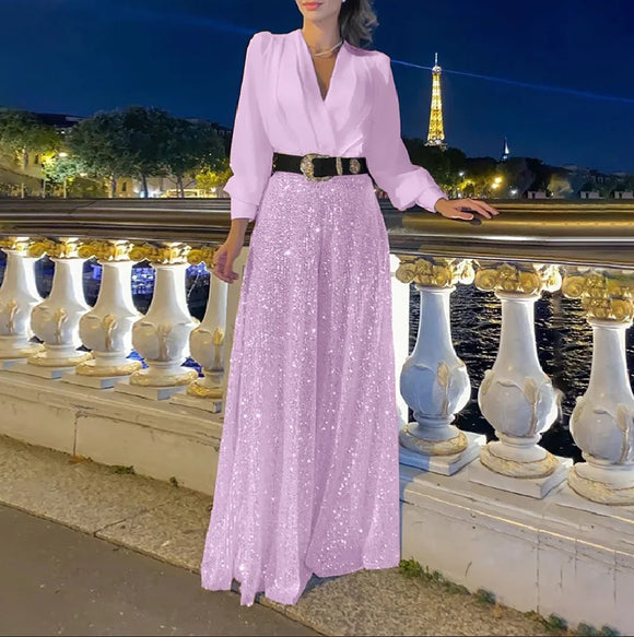 Women’s Jumpsuit Elegant Sequins Slim High Waist Belted Party Romper