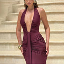 Robe longue sexy pour femme élégante décolleté en V profond froncée dos nu-21