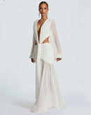 Robe Maxi Élégante Pour Femme Manches Longues Col V Profond Dos Nu.-17