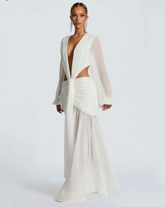 Robe Maxi Élégante Pour Femme Manches Longues Col V Profond Dos Nu.