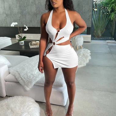 Women's Sexy Mini Dress Elegant Bodycon Stretchy Halter Neck