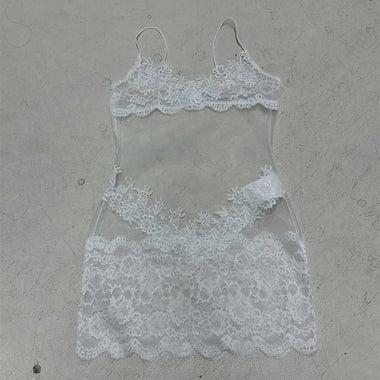 Buy white-short-dress Women’s Sexy Dress Elegant Mesh Floral Embroidered Sheer Spaghetti Straps