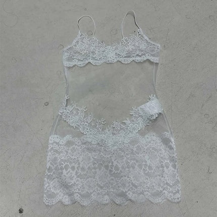 Buy white-short-dress Women’s Sexy Dress Elegant Mesh Floral Embroidered Sheer Spaghetti Straps