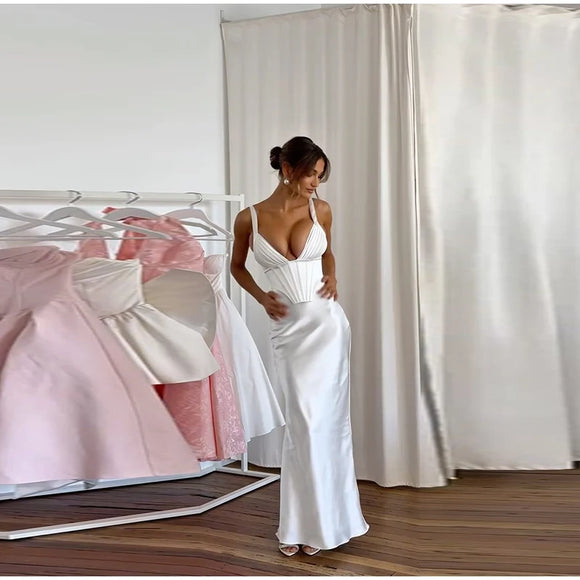 Women's Sexy Long  Dress Satin Elegant Backless Bodycon Fishbone