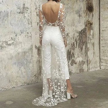Women's Wedding Jumpsuit Elegant Lace Two Piece High Waist Long Sleeve