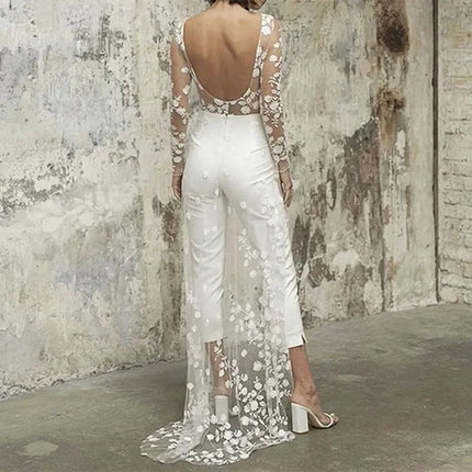Women's Wedding Jumpsuit Elegant Lace Two Piece High Waist Long Sleeve