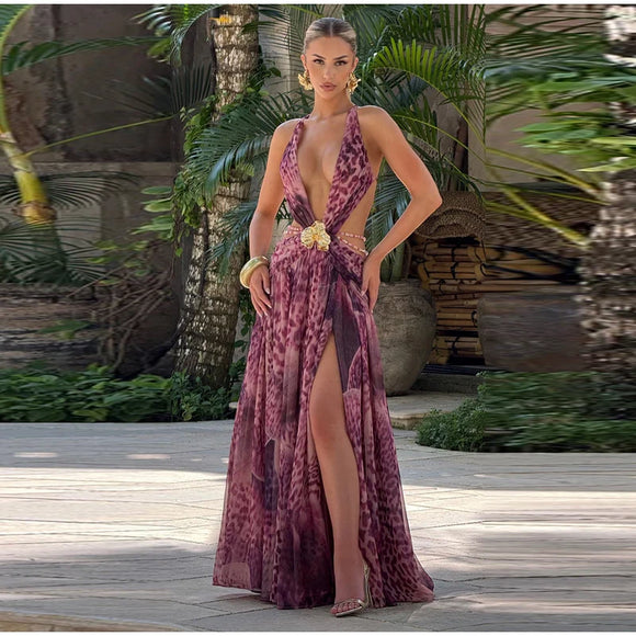 Indianna Women's Sexy Maxi Dress Halter Backless Elegant Slit