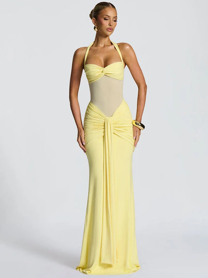 Buy yellow Women's Sexy Maxi Dress Elegant Backless Halter Off Shoulder Party