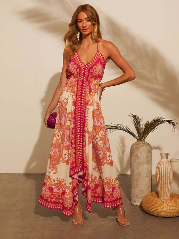 Bohemian Floral Sexy Maxi Dress for Women Elegant Strap Halter V Neck