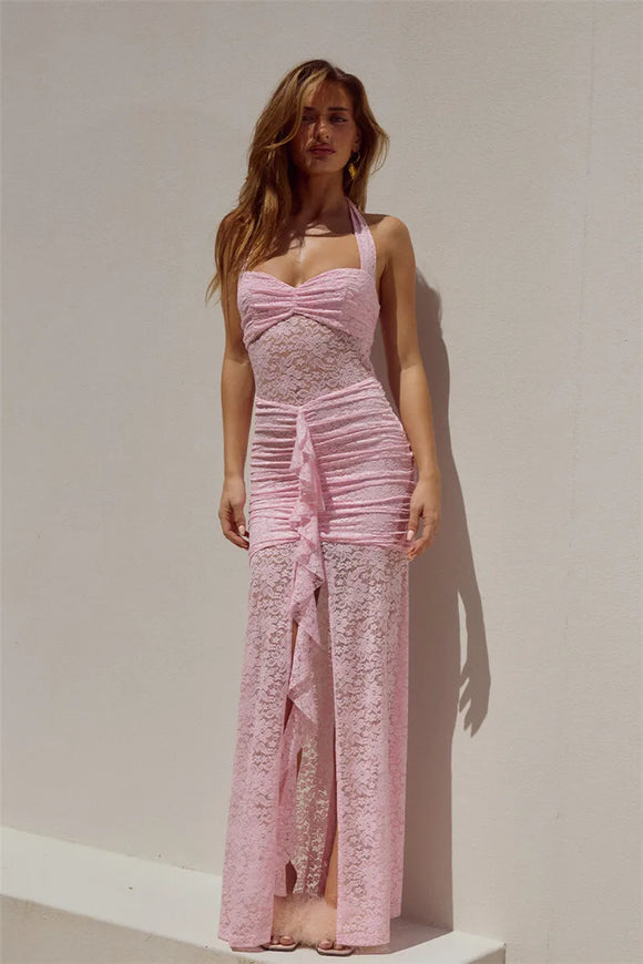 Women's Sexy Maxi Dress Elegant Lace Draped Ruched Backless Party